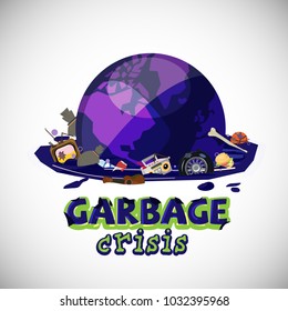 world globe in Waste Water with garbage. garbage crisis concept with typographic design - vector illustration
