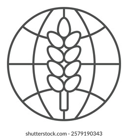 World globe with wheat plant thin line icon, wheat production concept. Vector graphics. Planet with ear of wheat sign on white background, outline style icon for mobile or web design