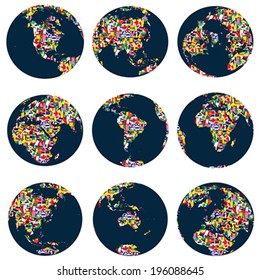 World globes with continents made of world flags