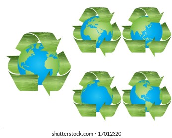 World globes in different positions with recycling sign
