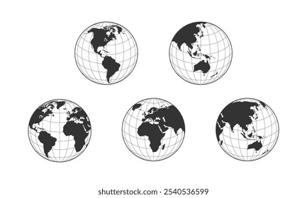 World globes set. Europe, Asia, America, Oceania globe maps with sphere grid. Earth globe icons isolated on white background. Vector illustration.