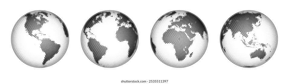 Globos Mundiales fijados. Ilustración de Colección de globo mundial. Globos de tierra punteados. Mapa del mundo del semitono aislado en fondo transparente