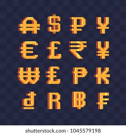 World gold money pixel art icons set. Currency symbols dollar, euro, pound, ruble, yuan, yen, Indian rupee. Design for mobile app, web. Isolated vector illustration. 8-bit sprite.