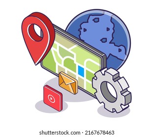 World gps map in smartphone app in isometric illustration