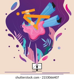 World of graphic design. Woman falling in the world of graphic design. Vector graphic design concept. Illustration with a happy female character falling in the monitor.  