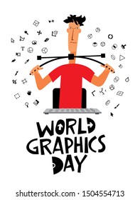 World Graphics Day. Greeting Card. Designer Guy Bends The Bezier Curve. Vector Full Color Graphics