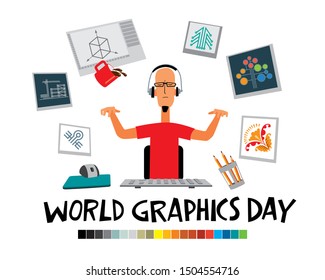 World Graphics Day. Greeting Card. Designer Guy Creates Graphic Masterpieces At The Computer. Vector Full Color Graphics 