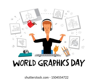 World Graphics Day. Greeting Card. Girl Designer Creates Graphic Masterpieces At The Computer. Vector Full Color Graphics