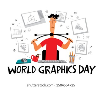 World Graphics Day. Greeting Card. Designer Guy Bends The Bezier Curve. Graphic Masterpieces Fly Around