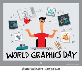 World Graphics Day. Greeting Card. Designer Guy Inspires Graphic Masterpieces. Vector Full Color Graphics