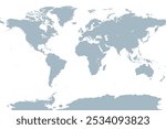 The world, gray general reference map. Map of the surface of the Earth with landmasses of all continents, with largest lakes, oceans and seas, in Miller cylindrical projection. Illustration. Vector.