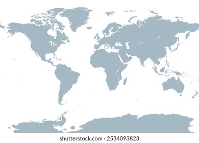 O mundo, mapa de referência geral cinza. Mapa da superfície da Terra com massas terrestres de todos os continentes, com os maiores lagos, oceanos e mares, em projeção cilíndrica de Miller. Ilustração. Vetor.