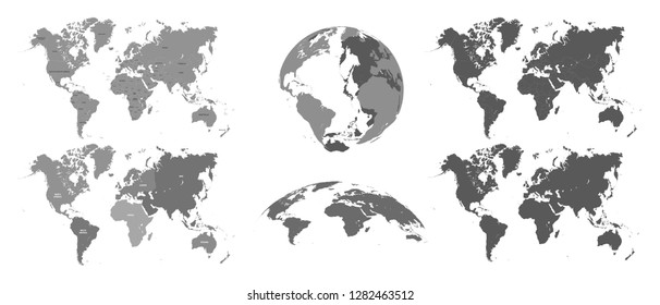 World gray maps. Map atlas, earth topography mapping silhouette. countries universe globe mapping boundaries location planet vector isolated symbols illustration set