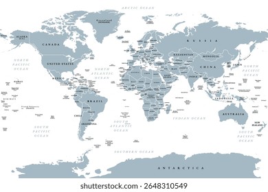 O mundo, mapa político cinza com fronteiras internacionais de países, continentes, principais oceanos e maiores lagos, em uma projeção cilíndrica. Rotulagem em inglês. Ilustração isolada sobre branco. Vetor