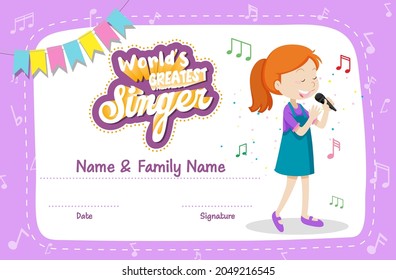 World greatest singer certificate template illustration