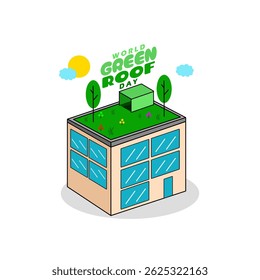 World Green Roof Day to celebrate on June 6th. Illustration of a building with its roof turned into a mini garden.