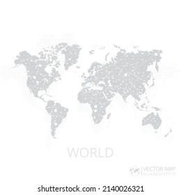 Mapa gris mundial aislado en fondo blanco con línea de malla abstracta y escalas puntuales. Ilustración vectorial eps 10