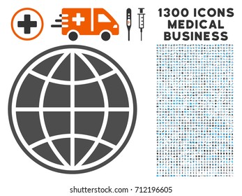World grey vector icon with 1300 clinic commerce icons. Set style is flat bicolor light blue and gray pictograms.