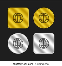 World grid hand drawn symbol gold and silver metallic coin logo icon design