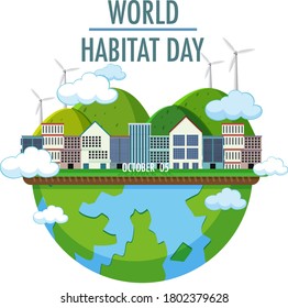 World Habitat Day 5 October icon logo with towns or city on globe illustration
