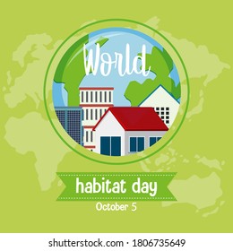 World Habitat Day 5 October icon logo with towns or city in globe on world map background illustration