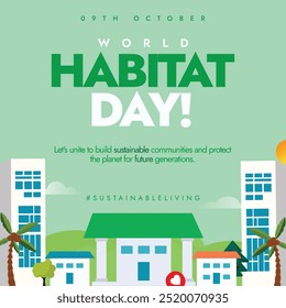 World Habitat day. 9th October Habitat day celebration banner with a town view containing houses and buildings. The theme for 2024 is Engaging youth to create a better urban future. Shelter for all.