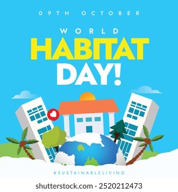 World Habitat day. 9th October Habitat day celebration banner  design with houses, buildings, earth globe. The theme for 2024 is Engaging youth to create a better urban future. Shelter for all.