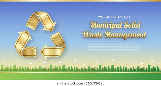 World habitat day banner template for municipal solid waste management theme. Background of dusk sky with silhouettes of buildings and gold recycling symbols