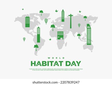 World habitat day building on world map isolated on white background.