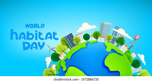 World habitat day. Cartoon style 3d illustration. Plasticine effect