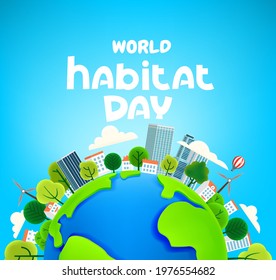 World habitat day. Cartoon style 3d illustration. Plasticine effect