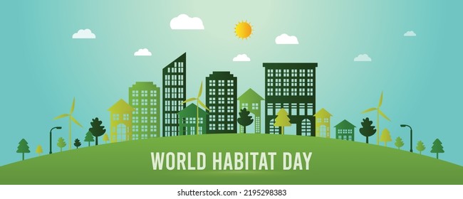 World habitat day flat design background with the clean city, natural tree