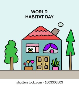 World habitat day hand drawn vector illustration in cartoon doodle style house rustic phrase holiday