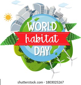 World Habitat Day icon logo with towns or city on globe illustration