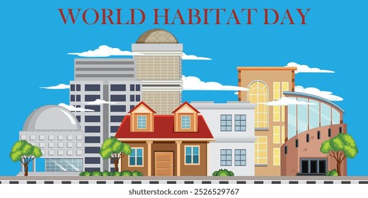 World Habitat Day poster design, mountains and houses tree vector illustrations, Environment poster