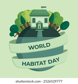 World Habitat Day poster design, mountains and houses tree vector illustrations, Environment poster