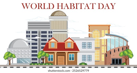 World Habitat Day poster design, mountains and houses tree vector illustrations, Environment poster