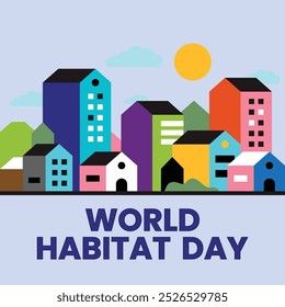 World Habitat Day poster design, mountains and houses tree vector illustrations, Environment poster