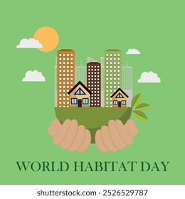 World Habitat Day poster design, mountains and houses tree vector illustrations, Environment poster