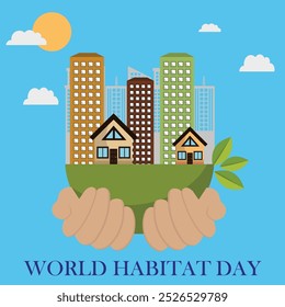 World Habitat Day poster design, mountains and houses tree vector illustrations, Environment poster