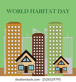 World Habitat Day poster design, mountains and houses tree vector illustrations, Environment poster