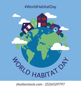 World Habitat Day poster design, mountains and houses tree vector illustrations, Environment poster