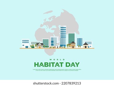 World habitat day with sky scrapper and earth map isolated on blue background.