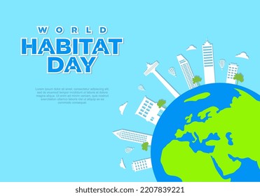 World habitat day with sky scrapper on earth isolated on blue background.