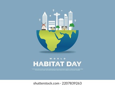 World habitat day with sky scrapper on earth isolated on blue background.