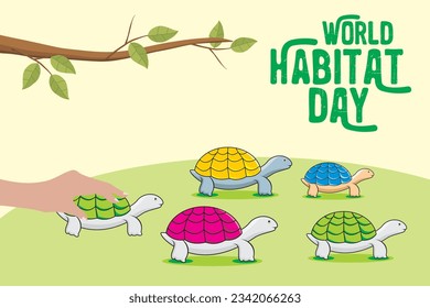 World Habitat Day. Vector illustration of a flock of sea turtles walking to their habitat