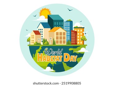 World Habitat Day Vector Illustration on 3 October, featuring a Clean City, Natural Trees, and Urban Areas for Adequate Housing in a Flat Background