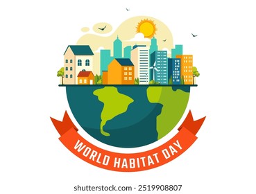 World Habitat Day Vector Illustration on 3 October, featuring a Clean City, Natural Trees, and Urban Areas for Adequate Housing in a Flat Background