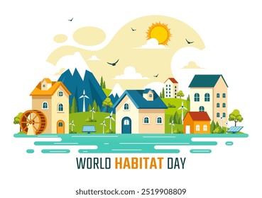 World Habitat Day Vector Illustration on 3 October, featuring a Clean City, Natural Trees, and Urban Areas for Adequate Housing in a Flat Background