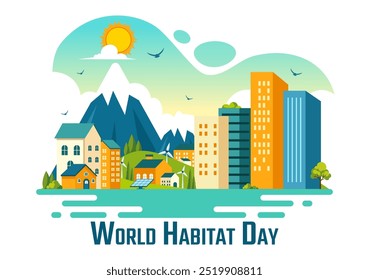 Ilustração vetorial do Dia Mundial do Habitat em 3 de outubro, apresentando uma cidade limpa, árvores naturais e áreas urbanas para habitação adequada em um plano de fundo